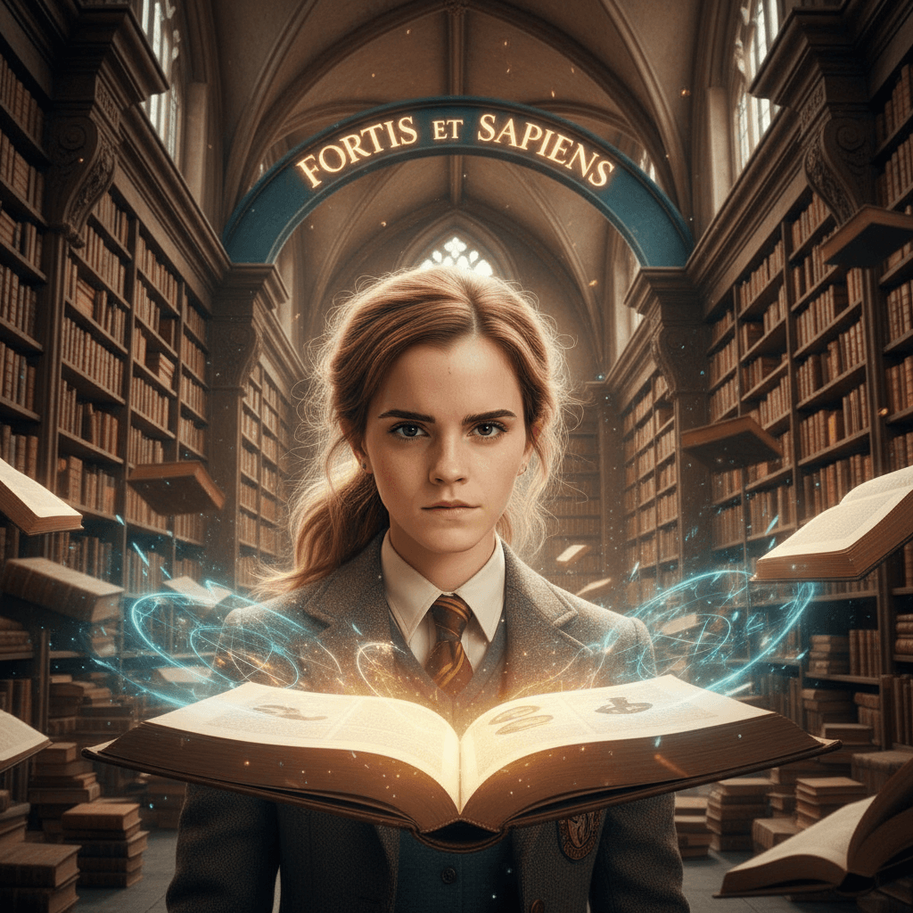 Hermione in Hogwarts library focused on studies