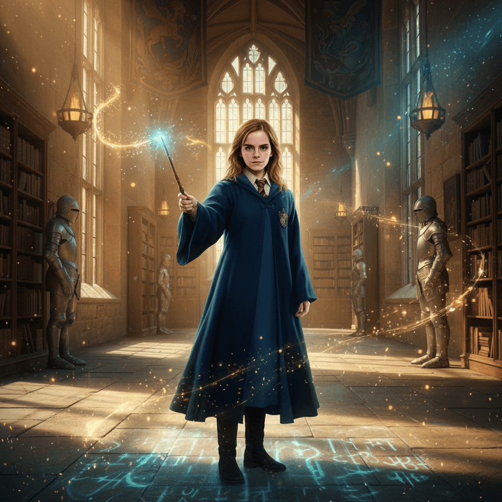 Hermione in Hogwarts robes with wand